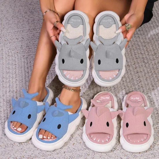 Four Season House Cute Cartoon Animal Linen Women Girl Shark Slippers