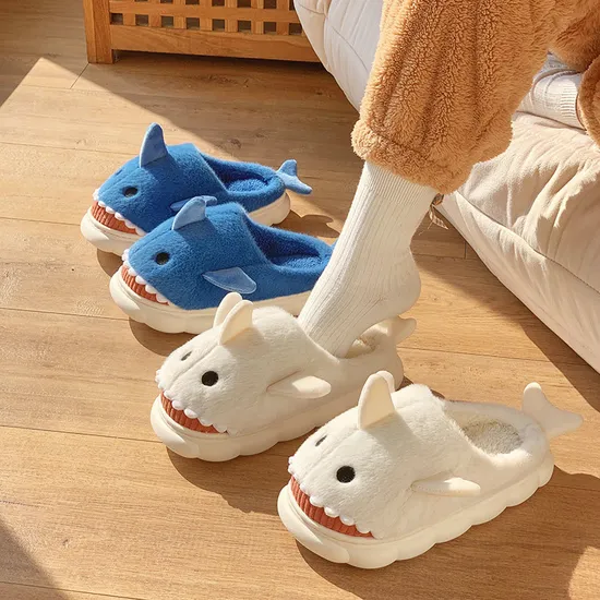 Cute Winter Shoes Fluffy Fur Stuffed Animal Shark Plush Slippers