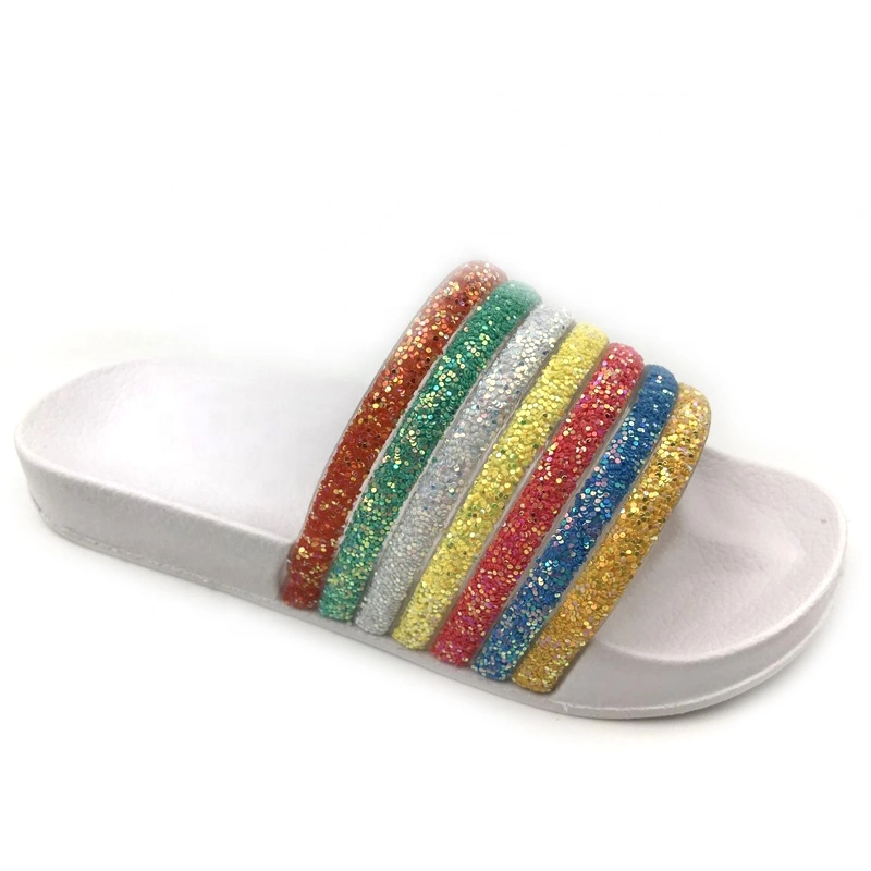 2020 Popular Bling Rainbow Upper Womens Ladies Slippers Flip Flops Beach Flat Slide Sandals for Women Daily Causal Shoes