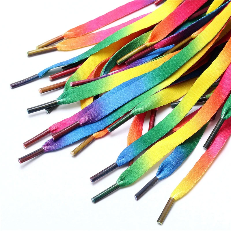 Fashionable Free Sample Rainbow Tubular Hoodies String Dye Sublimation Printed Flat Shoelace with Plastic Transparent Tips