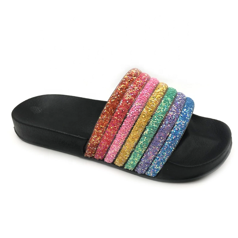 2020 Popular Bling Rainbow Upper Womens Ladies Slippers Flip Flops Beach Flat Slide Sandals for Women Daily Causal Shoes