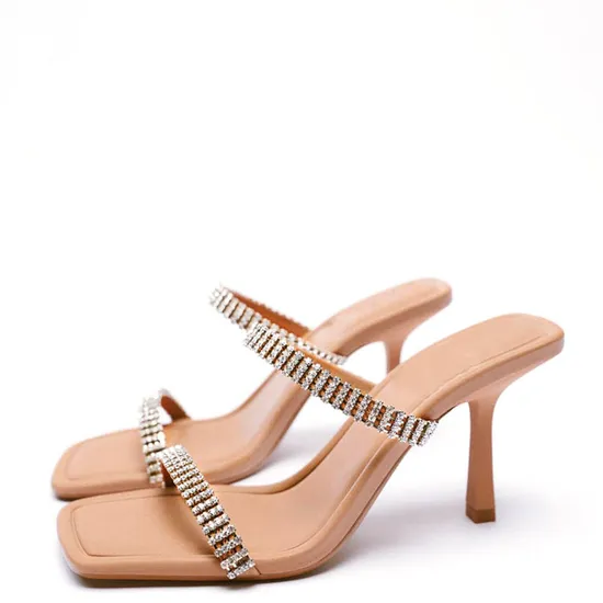 Summer Mules Brown Sandal Kitten Heel Stiletto Shiny Diamond Square Toe Shoes Causal Dress Shoes for Ladies 