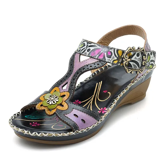 Bohemian Women Handmade Flower Painted Wedges Causal Sandals 
