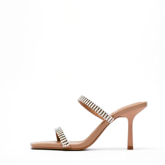 Summer Mules Brown Sandal Kitten Heel Stiletto Shiny Diamond Square Toe Shoes Causal Dress Shoes for Ladies 